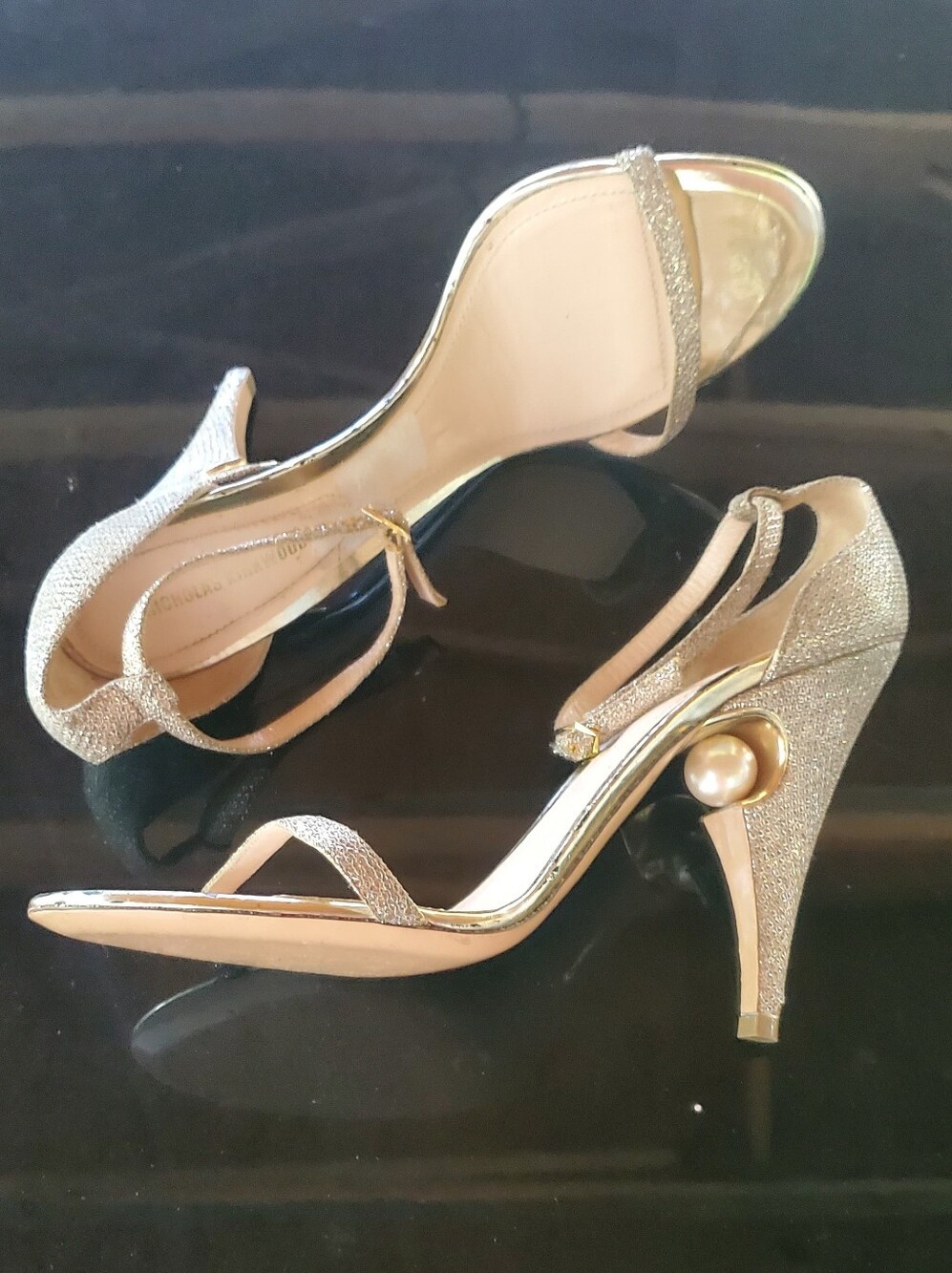 Nicholas Kirkwood Gold Glitter Pearl-Embellished High Heel Sandals
